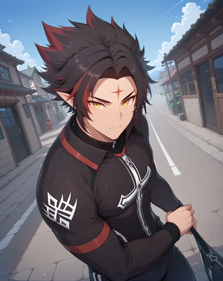 masterpiece, best quality, absurdres, very aesthetic,
1boy, solo, yaoi, male focus,
looking at viewer, cowboy shot, standing,
<lora:Ryan_Werewolf:1> ryanwerewolf, black hair, multicolored hair, pointy ears, facial mark, red hair, two-tone hair, streaked hair, forehead mark, yellow eyes,
sportswear,
outdoors, dawn, blue sky, building, street,