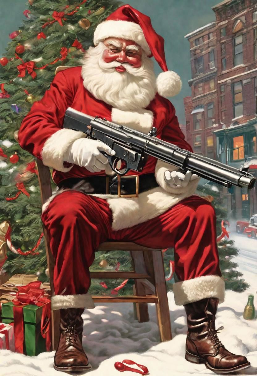 (masterpiece: 1.2), best quality, Santa as gangster poses with a Thomsan machine gun, Chicago, Prohibition in the United States, bootlegging, Merry Christmas
