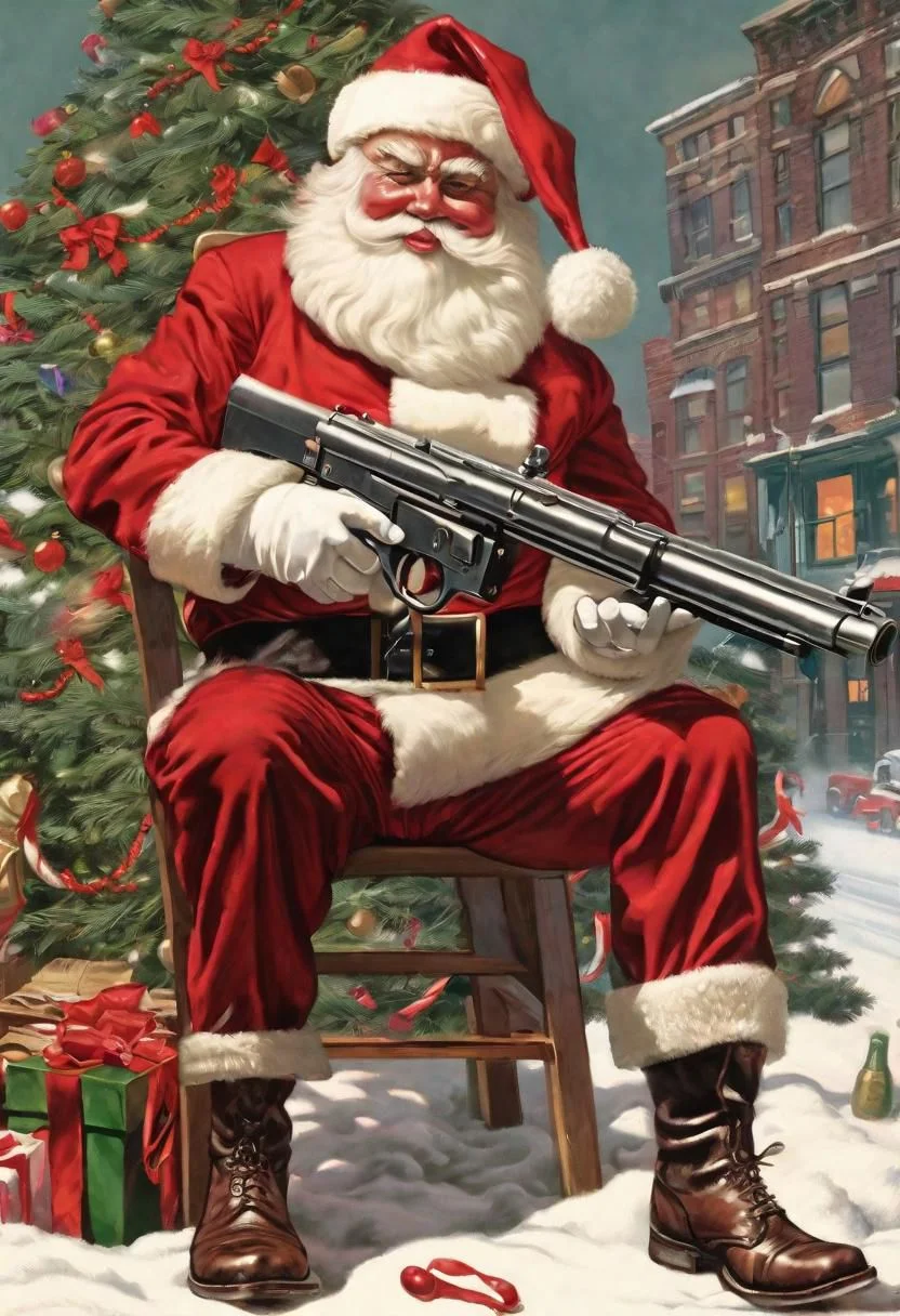 (masterpiece: 1.2), best quality, Santa as gangster poses with a Thomsan machine gun, Chicago, Prohibition in the United States, bootlegging, Merry Christmas