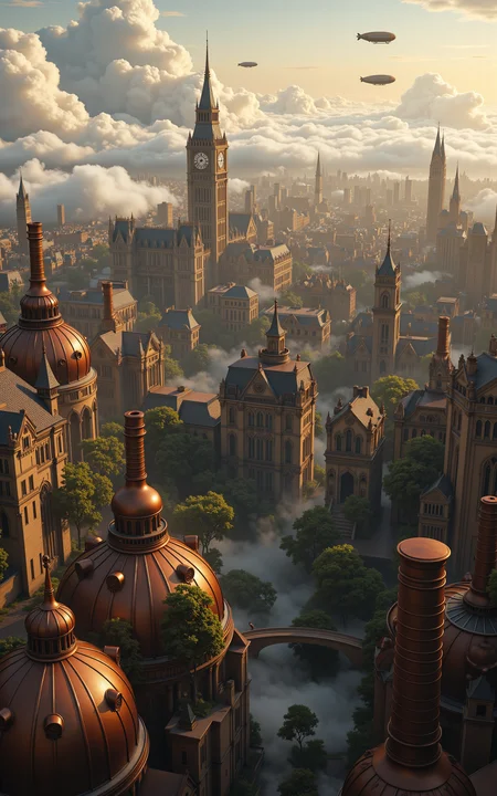 high-altitude view of an expansive Victorian steampunk city,intricate rooftops with copper domes,chimneys,and ornate towers stretching to the horizon,floating gardens drifting between buildings,soft golden light filtering through thick clouds,gears and airships visible in the sky,no people,vivid style,
<lora:aidmaMJ6.1v0.4:0.6>,aidmaMJ6.1,<lora:AntiBlur:0.8>,