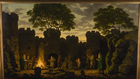 <lora:G30rg3B4rr3tSr_v1:1>, G30rg3B4rr3tSr oil painting, fantasy, celtic art, multiple perspectives, 4 leaves cloves, st-patrick's day celebration, complex composition, druids around a fire camp, night time, trees, cobblestone walls