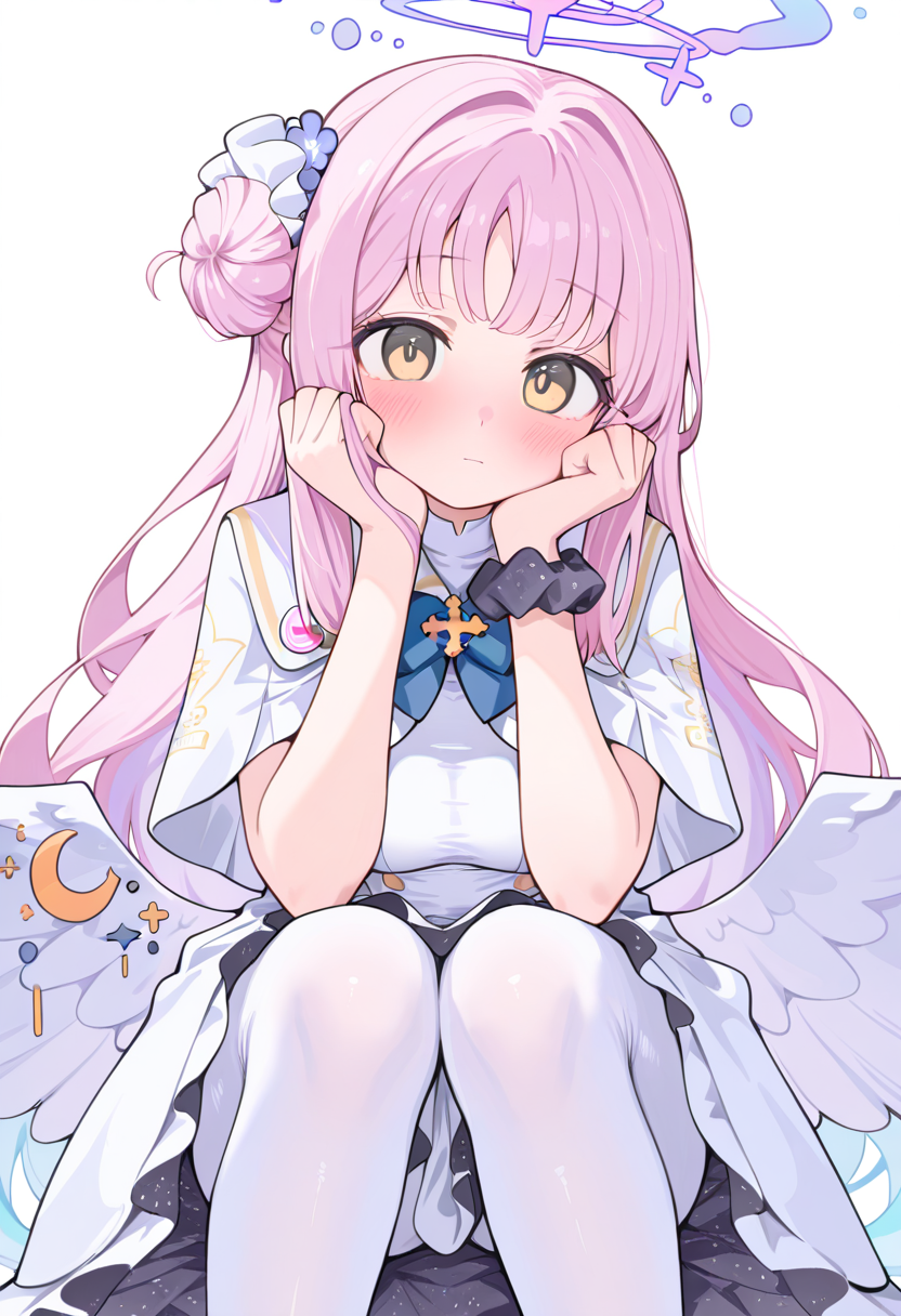 mikzn style, mika \(blue archive\),  1girl, solo, pink hair, long hair, hair bun, single hair bun, single side bun, hair intakes, yellow eyes, blush, hands on own face, hands on own cheeks, looking at viewer, bow, blue bow, bowtie, blue bowtie, scrunchie, wrist scrunchie, dress, white dress, capelet, white capelet, pantyhose, white pantyhose, wings, feathered wings, white wings, low wings, halo, pink halo, head rest,  masterpiece, best quality, amazing quality, absurdres