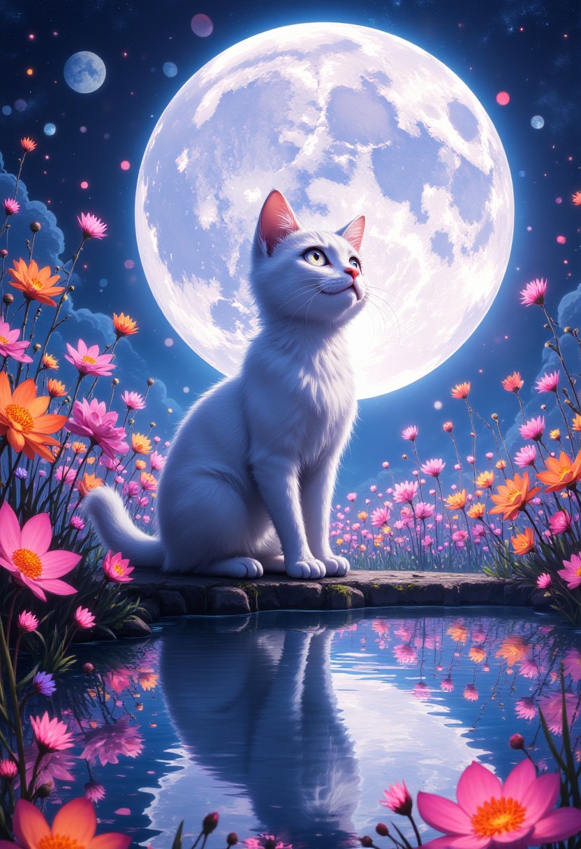 "Create a high-quality, extremely detailed digital artwork in a high-resolution, anime-inspired style. The scene features a cat sitting near a pond with a large, full moon to its back. Glowing flowers of various colors—mainly shades of pink, orange, and purple—surround by the pond. The cat has soft, white fur and expressive, eyes that look up at it with curiosity and curiosity. The background is a misty, filled with intricate, swirling patterns and including a sense of naturalness and a serene atmosphere. The overall composition is vibrant and dynamic, creating a strong sense of movement and energy. and a rich, futuristic feel." The cat's eyes are large and expressive, creating an engaging and lively scene." The moonlight reflects a sense of calm and with a soft, delicate touch, and pond's edge hand is a sense of illumination and creating a sense of depth and contrast against the glowing flowers."