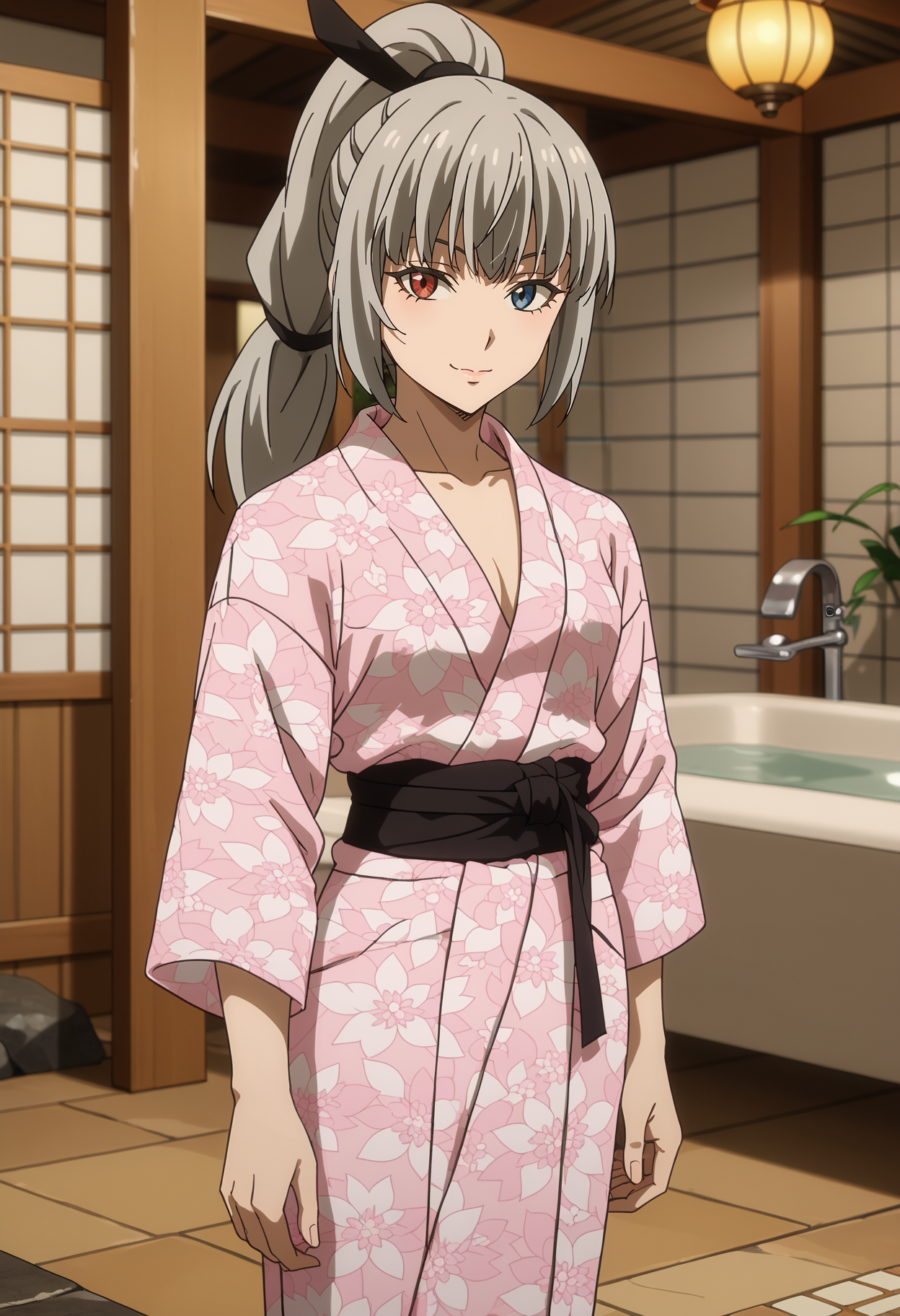 score_7_up, anime screencap,
<lora:TenSura_LuminousValentineXL:0.9>,
1girl, solo, closed mouth, light smile,
high ponytail, long hair, grey hair, heterochromia, red eyes, blue eyes, hair ribbon, black ribbon,
ValentineKimono, bath yukata, floral print, pink kimono, black sash,
standing, looking at viewer, cowboy shot,
blurry background, indoors, onsen