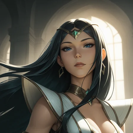 incredibly absurdres, highres, masterpiece, newest,<lora:SentinelIrelia-000011:1>,ireliasentinel, 1girl, portrait, close-up, looking at viewer, blue eyes, black hair, gold diadem, green gemstone, long hair, gold earrings, gold bangle, black elbow gloves, two-tone dress, white dress, black dress, gold trim, backlight, soft lighting, green mist, floating hair,
