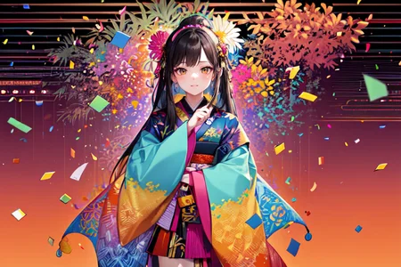 highly insanely detailed, masterpiece, top quality, best quality, highres, 4k, 8k, RAW photo, (very aesthetic, beautiful and aesthetic),  
(code_style,codestyle),japanese text,(sympattern,geometric pattern),geometric pattern wallpaper,Doodle,colorful,vibrant,vignette,doodle pattern, 
<lora:CodeStyle (half generic class)_564920:0>, 
(1girl:1.3), 1other, 
orchid background,tropical sunset orange background,(colored digital glitch background,colour sequence background,colored confetti background:1.4),âââ