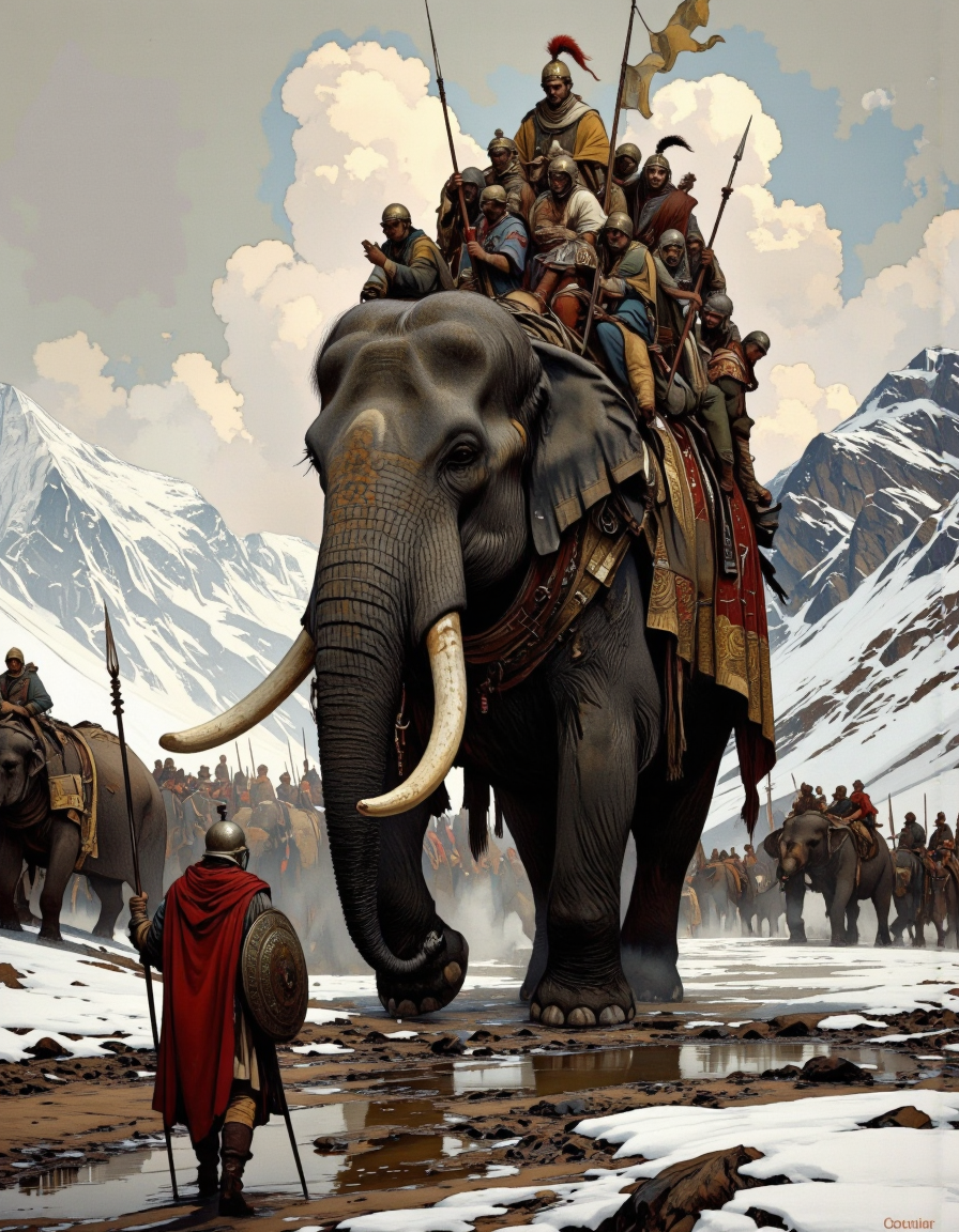 An illustration of a large elephant in a snowy mountainous landscape, in a Punic battles. The background is filled with snow-covered mountains and a cloudy sky.
A group of warrior riding on the back of an elephant. The elephant is walking on a muddy ground with other elephants in the background. The warrios on the elephant are dressed like Hannibal Barca's army. The sky is overcast and the overall mood of the image is tense and chaotic.
In front of the elephant, there is a warrior wearing a red cloak and carrying a spear, a sword and shield, walking towards it. The overall mood of the illustration is dark and ominous, with a sense of danger.