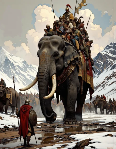 An illustration of a large elephant in a snowy mountainous landscape, in a Punic battles. The background is filled with snow-covered mountains and a cloudy sky.
A group of warrior riding on the back of an elephant. The elephant is walking on a muddy ground with other elephants in the background. The warrios on the elephant are dressed like Hannibal Barca's army. The sky is overcast and the overall mood of the image is tense and chaotic.
In front of the elephant, there is a warrior wearing a red cloak and carrying a spear, a sword and shield, walking towards it. The overall mood of the illustration is dark and ominous, with a sense of danger.