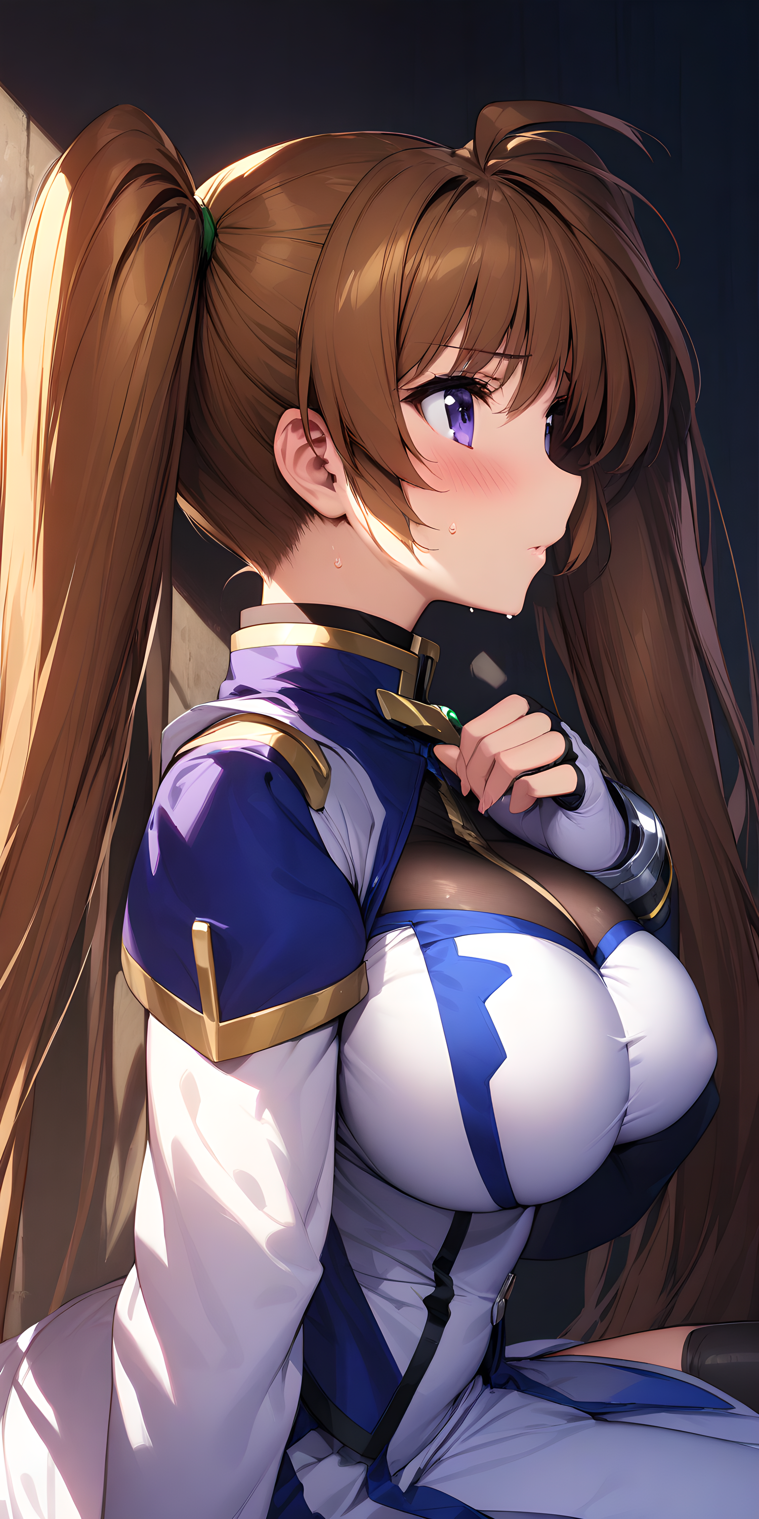 (masterpiece),(best quality),(ultra-detailed),(best illustration),(best shadow),(absurdres),(detailed background),(very aesthetic), takamachi_nanoha, 1girl, solo, breasts, gloves, long hair, large breasts, fingerless gloves, brown hair, sweat, magical girl, purple eyes, twintails, blush, purple eyes, sitting, from side view, contemplating, <lora:Takamachi_Nanoha:1>