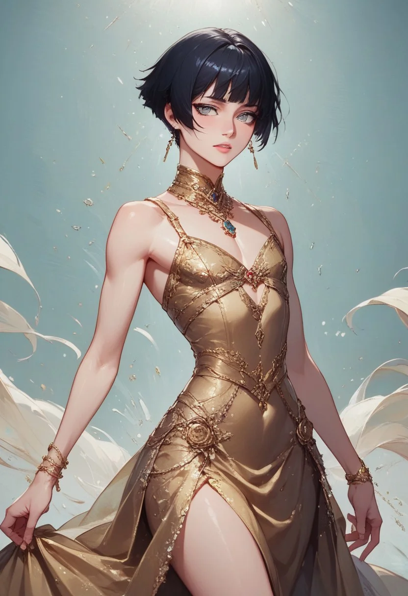 score_9, score_8_up, score_7_up, 1boy, femboy, otoko no ko, short hair, bob cut hair, black hair, grey eyes, gray eyes, feminine face, toned body, Shelly, long silver and gold dress, ball gown, flowing gown, elegant dress, straps, expensive jewelry, highly detailed, intricate, zzCitronCAT, model pose, serene expression, cowboy shot, modelshoot, abstract background, solo