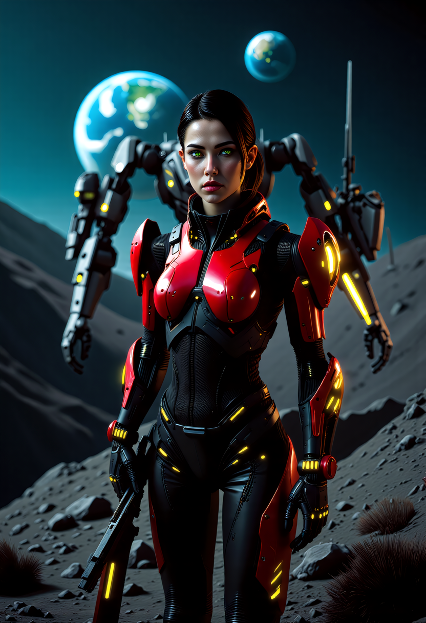 a futuristic lunar colony overlooking Earth, a fierce warrior stands ready for battle. Her medium build, dark hair, and green eyes exude a sense of determination. Dressed in a Synth-Leather red and black power armor Tactical Suit with yellow highlights, a futuristic bodysuit designed for urban operations, its glossy red  surface reflects the neon lights of the colony, contrasting to the flat black parts of the armor. The connects to her cybernetic enhancements. Segmented carbon-fiber panels reinforce her shoulders, chest, and forearms, providing protection without compromising style. She wields a plasma longsword.  Behind her a heavy mech with MechArmor, stands tall, its bulkiness a testament to the strength and versatility of the colony. The colony's domes, shimmering above the Earth's glow, provide a breathtaking backdrop, while the grey lunar landscape and mining rigs add a sense of isolation. This scene, with its off-center composition and extreme close-up on Rina's facial details, captures the essence of a futuristic warrior, showing the fusion of technology and the mysteries of the lunar colony.  <lora:RM_MechArmor_v0.9M> <lora:art and styles/MysticFantasy.safetensors:1.0>,  <lora:flux/flux_realism_lora.safetensors:1.0>,