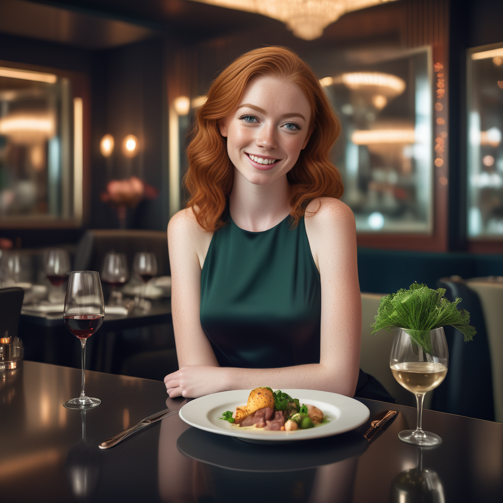 <lora:sophie-molgrin_xl:0.75> sophie-molgrin in a trendy, upscale restaurant, dressed in an elegant outfit. Sheâs seated at a table with a glass of wine, smiling as she enjoys a gourmet meal. The setting includes stylish decor, dim lighting, and a sophisticated atmosphere.