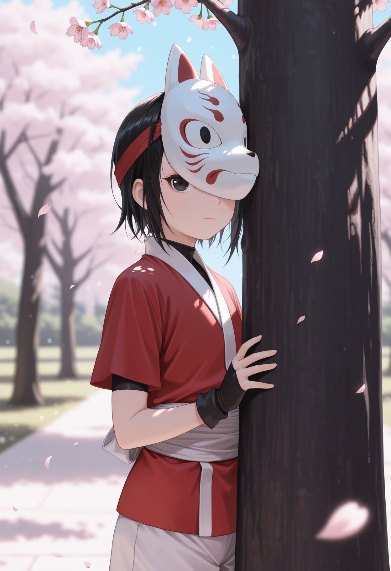 masterpiece,best quality,absurdres,highres,very aesthetic,high quality,detailed,insanely detailed,beautiful,perfect lighting, ,depth of field,blurry background,bokeh, looking at viewer
1girl, solo,  flower, , petals, outdoors, wind, peeking out, upper body, cherry blossoms, branch, blue sky, scenery, behind tree, looking at viewer, closed mouth  <lora:Rindou llu:1> 1girl, black hair, short hair, black eyes, fox mask, ninja,red kimono, short sleeves, mask on head, black  fingerless gloves,  white shorts