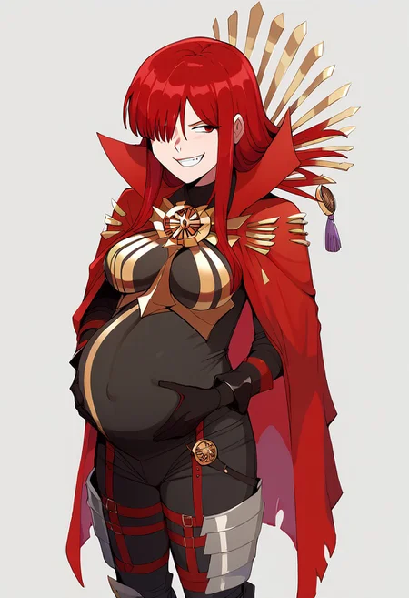 score_9, score_8_up, score_7_up, lewdlemage, pregnant, 1girl, solo, 0daavgr, red hair, hair over one eye, red eyes, large breasts, family crest, oda uri, red cape, collared cape, popped collar, armor, black bodysuit, medallion, black gloves, armored boots, full body, standing, smug, grin, hands on belly, covered belly,