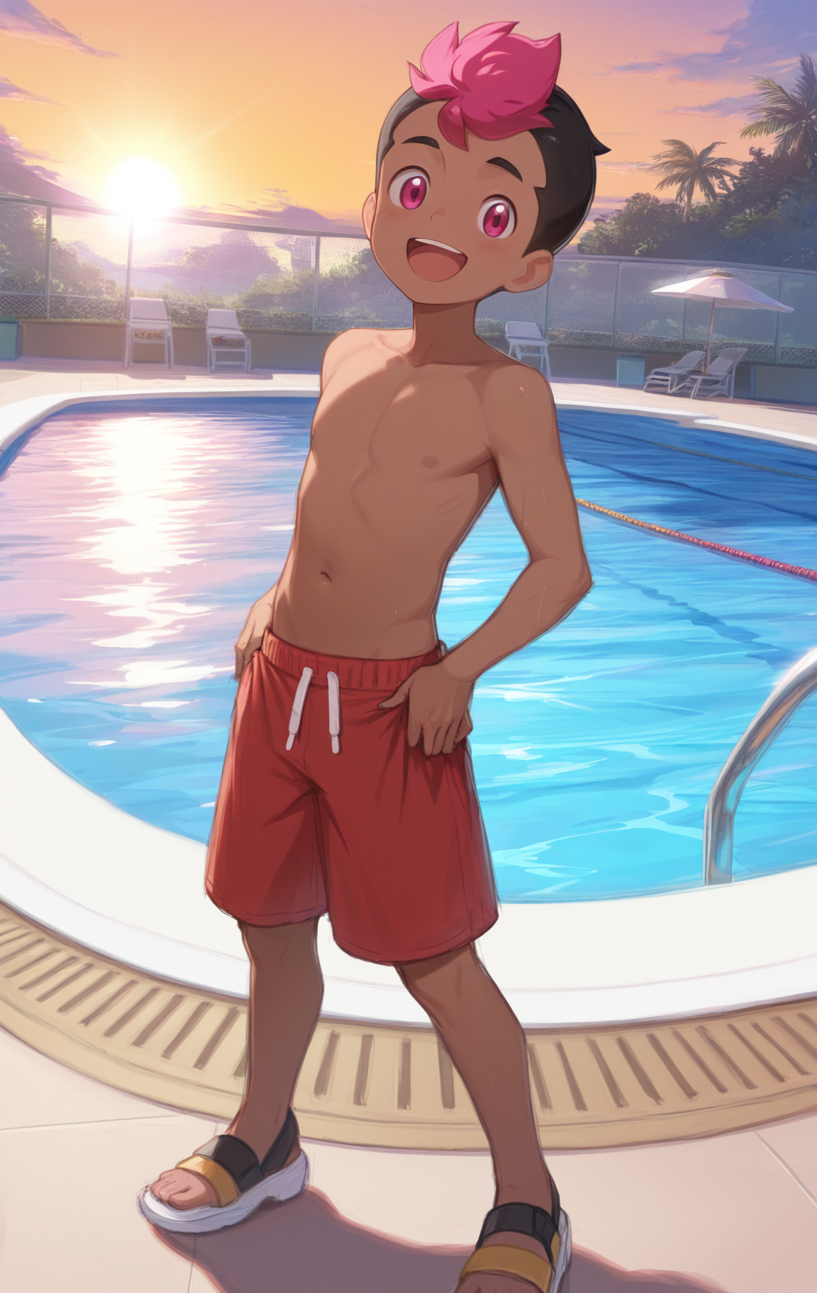 dynamic angle, highres, masterpiece, best quality, amazing quality, absurdres, 1boy, solo, <lora:roy_ILXL:1> roy, black hair, pink hair, short hair, two-tone hair, dark skin, pink eyes, shirtless, happy, smiling, full body, red swimming trunks, looking at viewer, sandals, standing, pool, sun,