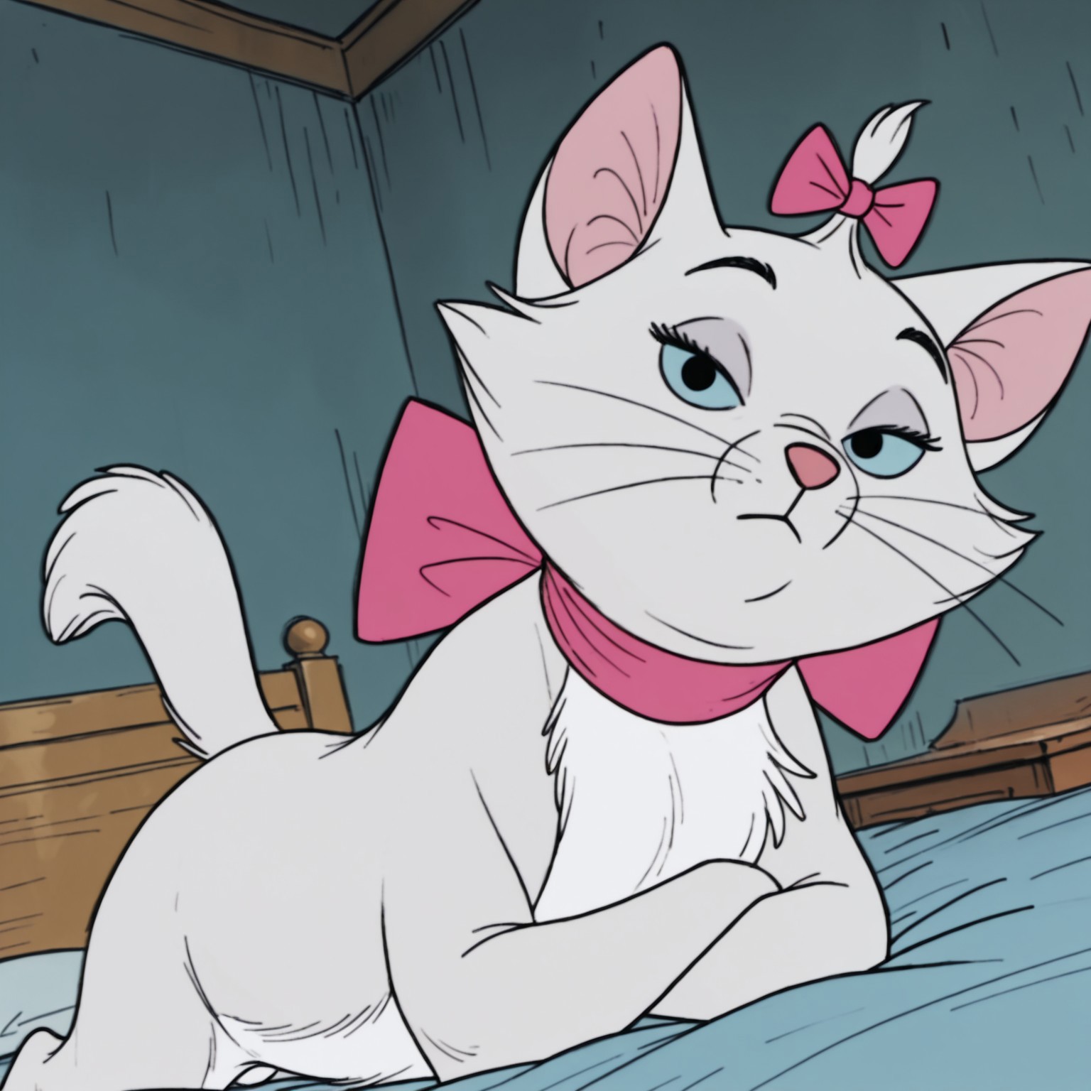 uncensored, masterpiece, best quality, highly detailed, realistic, solo, MarieAT, furry, feral, feline, cat, pink inner ear, black eyebrows, light-blue sclera, black eyes, pink nose, white body, white fur, white chest tuft, pink bow ribbon, neck bow, bow accessory, whiskers, medium tail, expressionless, closed mouth, looking at viewer, indoors, bedroom, blue bed,  detailed background, dutch angle, front view, arms crossed, tired, narrowed eyes, lying, on front