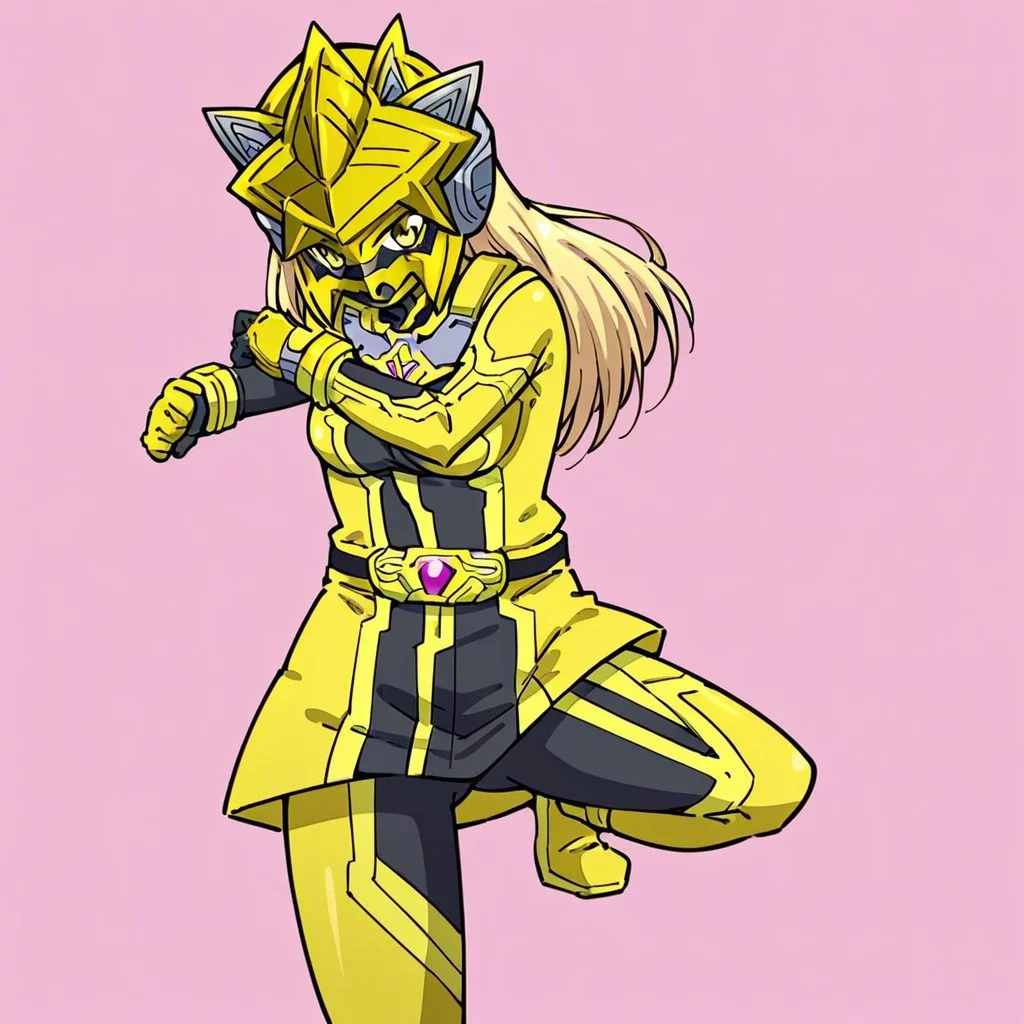 Emily tobihoshi, 1girl, blonde hair, yellow eyes, bodysuit, solo, yellow bodysuit, belt, gloves, yellow gloves ,miniskirt, standing_split fighting stance, helmet, simple background, pink background