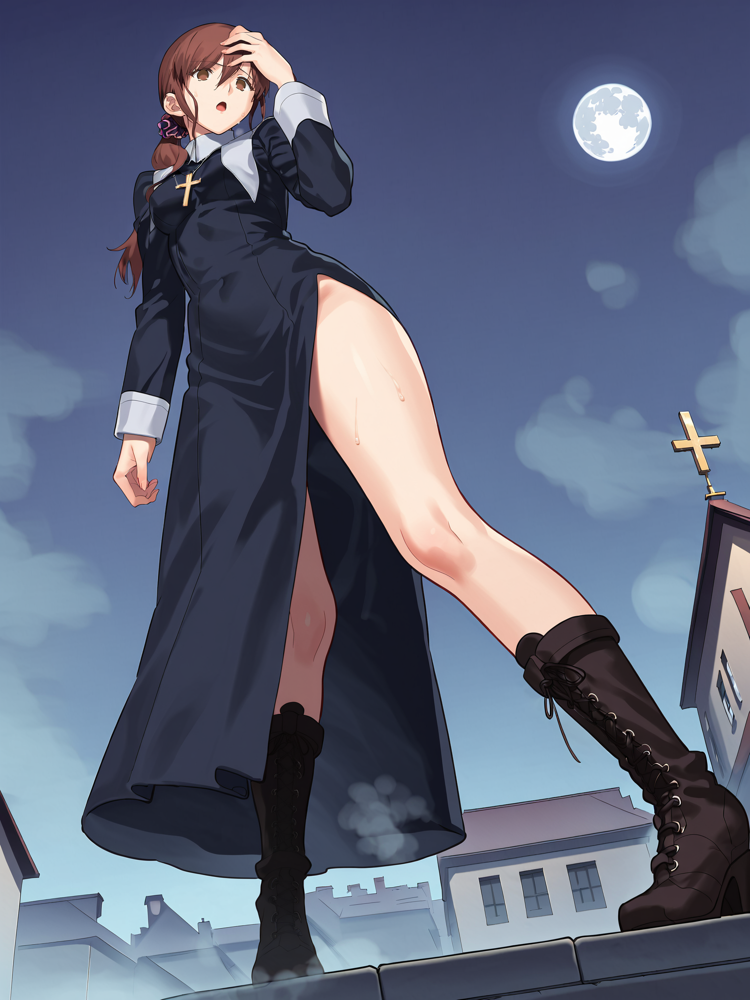 score_9, score_8_up, score_7_up, source_anime, BREAK
detailed face, detailed eyes, <lora:Tsukihime_Noel_Aizome_Pony_v1:0.9>, masterpiece, best quality, highly detailed, 1girl, (night, starless sky, full moon, full body, town, standing atop a pillar, from below, rooftop, windy:1.2), (from below:1.5), white moon, (fog:1.5), (cold night:1.5), noel_nun, nun, habit, long dress, (black dress:1.3),long sleeves, knee boots, high heel boots, cross-laced boots, cross necklace, hair between eyes, (bare legs, thigh:1.3), brown hair, swept bangs, hair between eyes, (overlooking town:1.5), low ponytail, hair scrunchie, purple scrunchie, from side, hand on head,