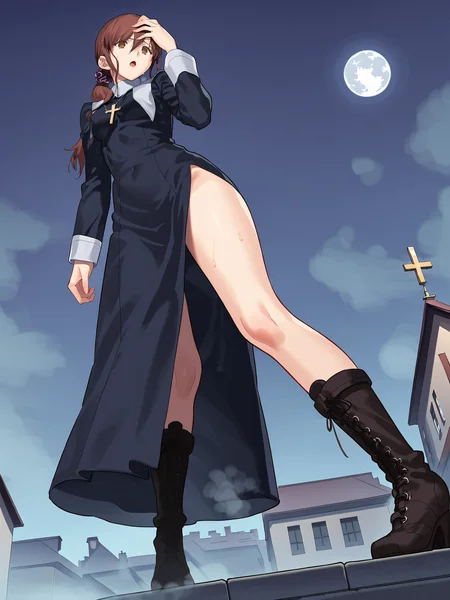 score_9, score_8_up, score_7_up, source_anime, BREAK
detailed face, detailed eyes, <lora:Tsukihime_Noel_Aizome_Pony_v1:0.9>, masterpiece, best quality, highly detailed, 1girl, (night, starless sky, full moon, full body, town, standing atop a pillar, from below, rooftop, windy:1.2), (from below:1.5), white moon, (fog:1.5), (cold night:1.5), noel_nun, nun, habit, long dress, (black dress:1.3),long sleeves, knee boots, high heel boots, cross-laced boots, cross necklace, hair between eyes, (bare legs, thigh:1.3), brown hair, swept bangs, hair between eyes, (overlooking town:1.5), low ponytail, hair scrunchie, purple scrunchie, from side, hand on head,