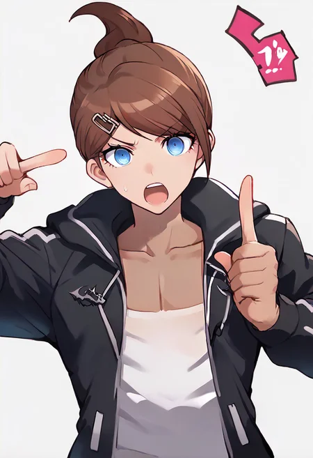 score_9, score_8_up, score_7_up,
Detailed,(solo:2.0),male focus,genderswap (ftm),genderswap, source anime, 1girl, Hina, brown hair, ponytail, blue eyes, dark-skinned, solo, skinny,
makoto, hood, open mouth, pointing, jacket, hoodie,
pointing at viewer, bangs, black jacket, short hair, looking at viewer,