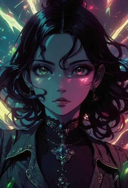 Cel shading portrait of a Victorian Era Noblewoman. A Pen and Ink style that is dark yet warm, giving it a dynamic and emotional quality. Anime art of a stylized portrait of a Noblewoman with a ethereal expression creating a dramatic and surreal effect.  The woman has a grunge aesthetic, complimented by the atmosphere. Anime art of woman draped in shadows with a lighting that enhances her unique features.
The background is colorful, filled with vibrancy.
Arms spread wide,. Wavy bangs