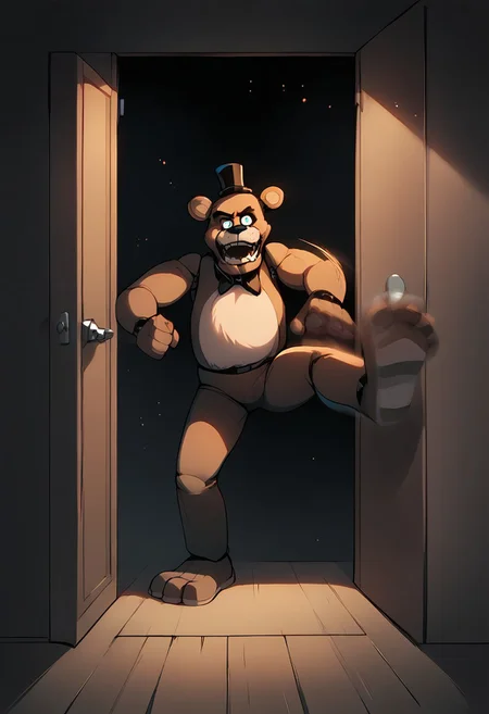 <lora:insanity-angle:1>, score_9, score_8_up, score_7_up, drk1ck, doorway, kicking, open door, motion blur, freddy, brown fur, bear ears, character focus, top hat, dark room, light from door, blood, detailed, amazing details