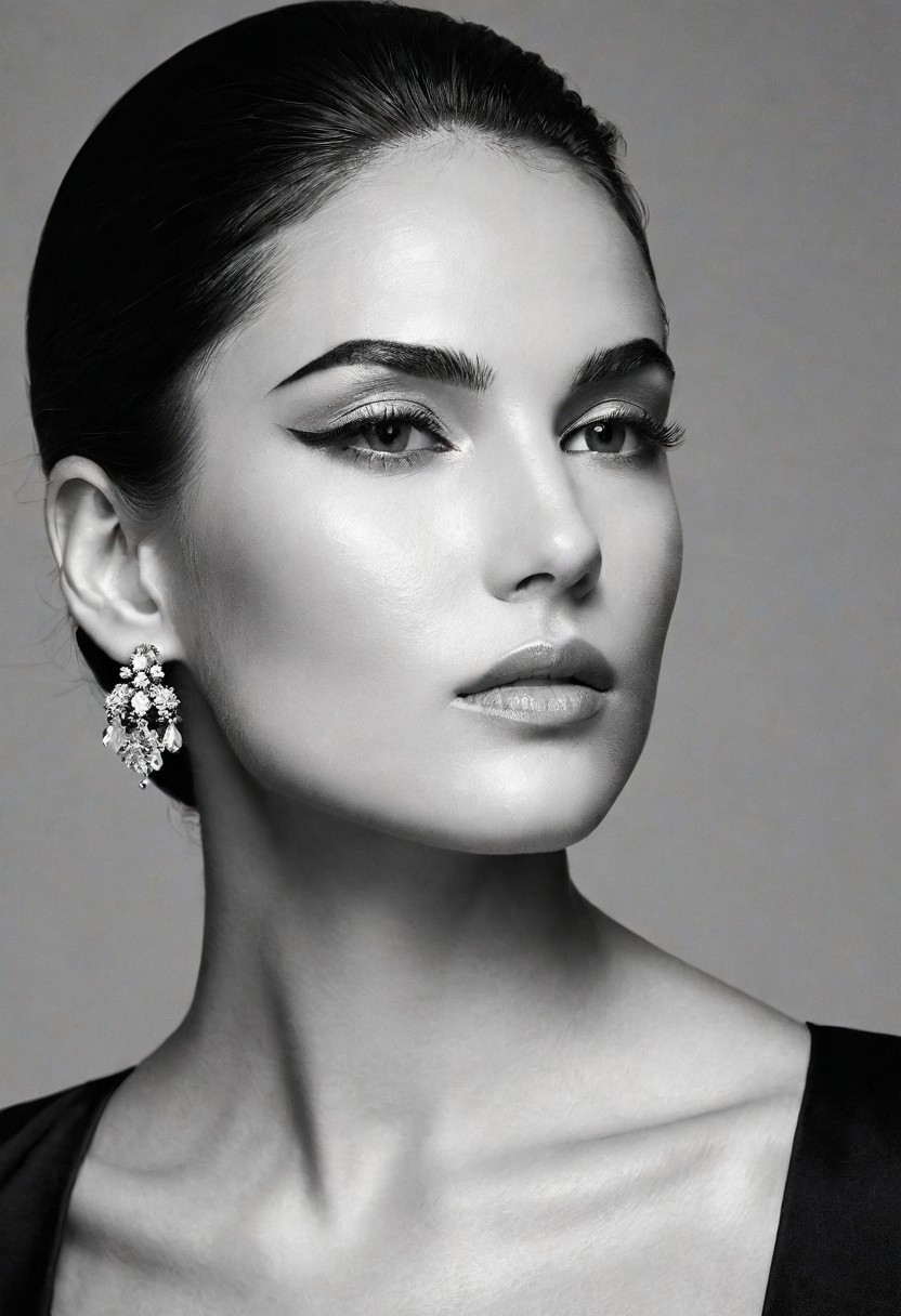 A striking monochrome portrait of a high-fashion model captured in a classic, Vogue-inspired photoshoot. The image focuses on her upper body, showcasing sharp bone structure and flawless skin illuminated by dramatic, high-contrast lighting. Shadows and highlights play artfully across her face, accentuating her high cheekbones, defined jawline, and elegantly arched eyebrows. Her gaze is powerful and direct, exuding confidence and sophistication, with slightly parted lips that add a touch of allure.
Her hair is styled sleekly back, drawing attention to her expressive features and creating a sculpted silhouette against a soft, shadowed background. She wears minimal accessories—perhaps a single, elegant earring catching the light—adding sophistication without distraction. The monochrome palette enhances the texture and contrast, giving her skin a smooth, almost ethereal glow, while the deep shadows add depth and mystery. The overall composition feels timeless and refined, embodying classic beauty and editorial poise with a touch of modern edge.. backinblack, grayscale, monochrome