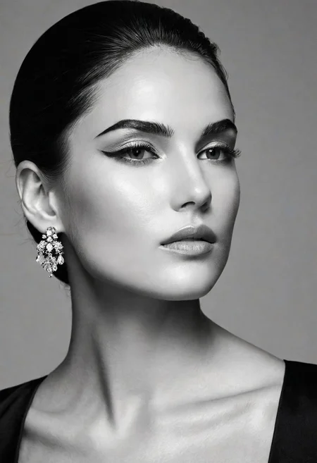 A striking monochrome portrait of a high-fashion model captured in a classic, Vogue-inspired photoshoot. The image focuses on her upper body, showcasing sharp bone structure and flawless skin illuminated by dramatic, high-contrast lighting. Shadows and highlights play artfully across her face, accentuating her high cheekbones, defined jawline, and elegantly arched eyebrows. Her gaze is powerful and direct, exuding confidence and sophistication, with slightly parted lips that add a touch of allure.
Her hair is styled sleekly back, drawing attention to her expressive features and creating a sculpted silhouette against a soft, shadowed background. She wears minimal accessories—perhaps a single, elegant earring catching the light—adding sophistication without distraction. The monochrome palette enhances the texture and contrast, giving her skin a smooth, almost ethereal glow, while the deep shadows add depth and mystery. The overall composition feels timeless and refined, embodying classic beauty and editorial poise with a touch of modern edge.. backinblack, grayscale, monochrome