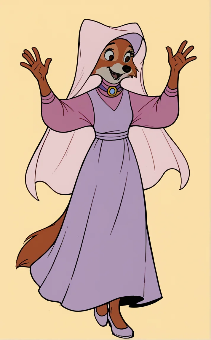 score_9, score_8_up, score_7_up, absurdres,w arms, :d, leg up, open hands, palms, smile, spread fingers, standing, standing on one leg, yellow background, <lora:PONYXL_RobinHood_MaidMarian_ownwaifu:1> BREAK  MainOutfit_MaidMarian_ownwaifu, 1girl, fox girl, animal nose, brown eyes, furry female, orange fur, habit, two-tone fur, white fur, body fur, snout, purple dress, veil, brooch, purple shirt, jewelry, puffy sleeves, hood up, long sleeves, puffy long sleeves, long dress, fangs, pinafore dress, gem, fox tail, blue gemstone, pink headwear, purple collar, tail, hooded cloak, breasts, turtleneck, medium breasts, <lora:add-detail-xl:0.15>,