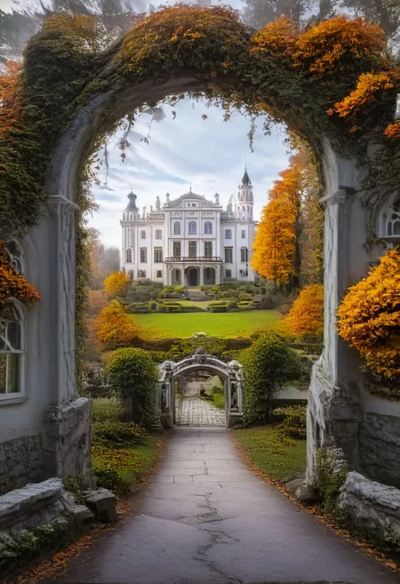 award winning photography of a white manor in Autumn forest build by Friedrich August Stüler, Baroque/Rococo garden creates the most beautiful surrounding, professional photography, 8k ultra high detailed