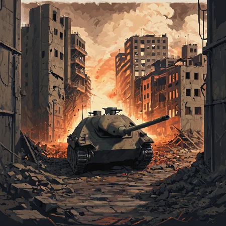 On the Eastern Front, a htztnk moves cautiously through the ruins of a Soviet city, its dark silhouette stark against the backdrop of destroyed buildings and debris-strewn streets. The scene captures the Hetzer's involvement in urban combat, navigating through the challenging terrain of war-torn cities ((pulp_comic, heavy_lines, hand_drawn, hand_inked, hand_colored, perfect_face, apxlz))