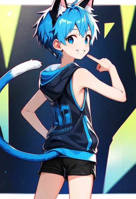 score_9, score_8_up, score_7_up, score_6_up, blue background, geometric shapes, white border, dutch angle, 1boy, solo, blue hair, blue eyes, cat ears, cat tail, black and blue sleeveless hoodie, shorts, looking back at viewer, pointing up, smile, depth of field, chromatic aberration <lora:koe-mixpi_AMXL_v2_ShoAI:0.95>