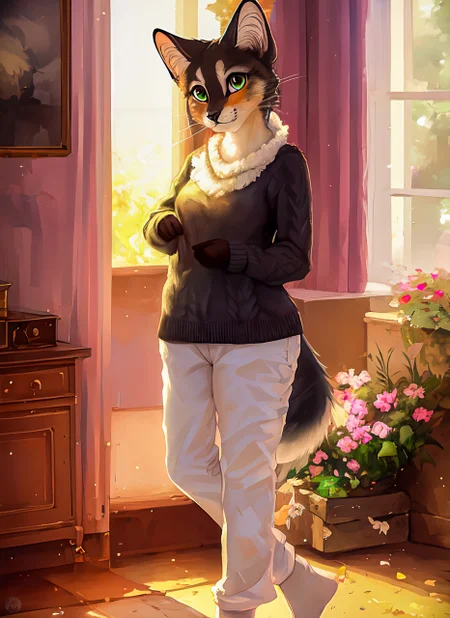 anthro, female cute, ((explict)), detailed fluffy fur, (by ruaidri, Michael & Inessa Garmash, Ruan Jia, Pino Daeni), impasto impressionism, feline, (spotted) (black fur), fenny fox, slightly chubby, solo, (slit pupils), feline face, ((long sandy hair:detailed tan hair:0.7)), sweater, smirk, blush, soft natural light, adorable paws