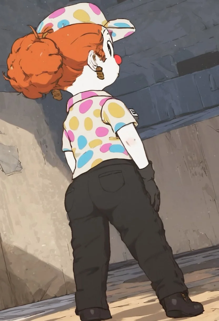 penny_bgtpb_clown, 1girl, chibi, curly orange hair (redhead, hair bun), big eyes, black eyes, big clown red nose, clown makeup (white skin, blush makeup), earrings, white cap (multicolored polka dots), white polo shirt (multicolored polka dots, name tag), black gloves, black pants, black shoes, score_9_up, score_8_up, score_7_up, BREAK, standing, 1girl, solo, from behind, looking back, from below, low-angle shot, butt focus, head tilt, looking at viewer, ultra detailed, detailed background, trailer park, masterpiece, best quality, 8k, Expressiveh,