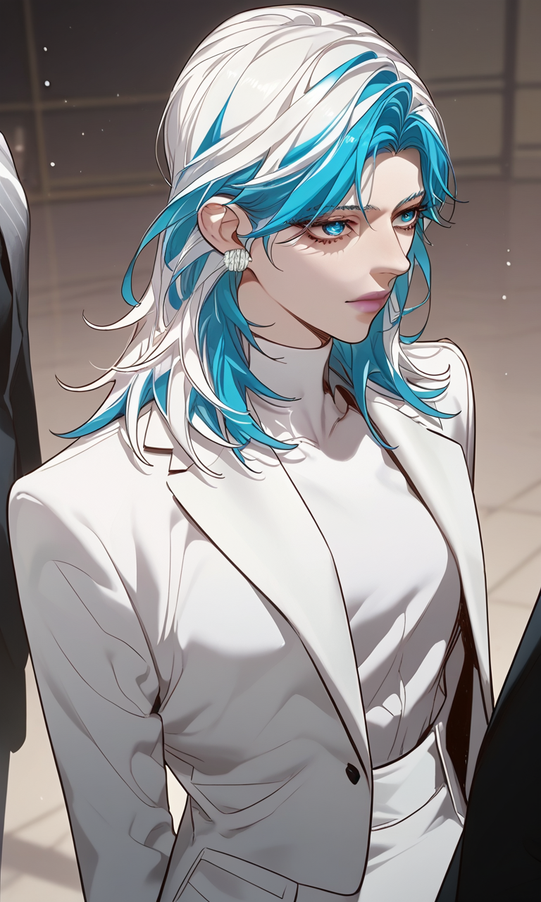 score_9, score_8_up, score_7_up, score_6_up source_anime,
vesperbryan, 1girl, solo, blue eyes, long hair, two-tone hair, blue hair, white hair, hair behind ear, breasts, pale skin, 
outfit1, white jacket, jacket, suit, white pants, formal, white shirt, boots, high heels, turtleneck,
Expressiveh