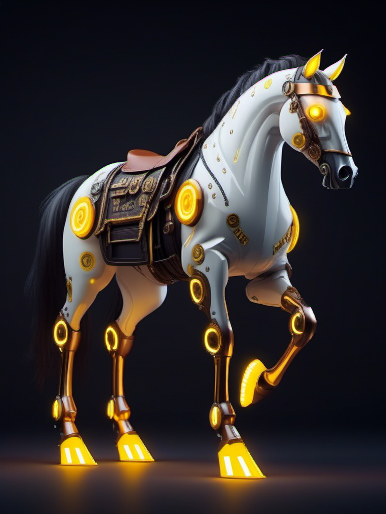 jixie,This is a mechanized horse with a cyberpunk style. Mechanical features include glowing yellow lights and a metal structure similar to a fusion of steampunk and futuristic designs,<lora:ä»¿çæºæ¢°V1:0.7>,