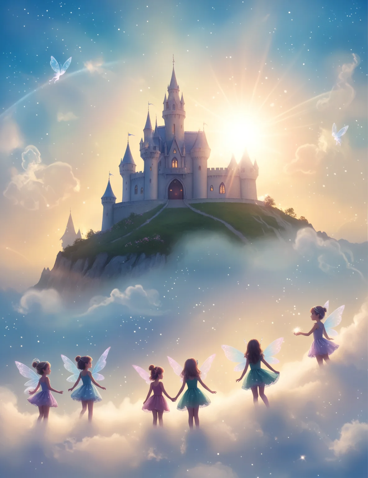 cloud art, cute mythical beings made from clouds, fluffy fairies, tiny sprites, magical sky, soft lighting, vibrant colors, whimsical, ethereal, detailed, high contrast, hyper-realistic, playful, imaginative, high-definition, gentle, warm atmosphere, BREAK
pixie castle, crowded by pixie, magical dust, dust cloud, 
 <lora:polyhedron_lense_flares-000005:1> lense flare, lense flares, anamorphic lense flares, rainbow flares <lora:CinematicStyle_v1:1>