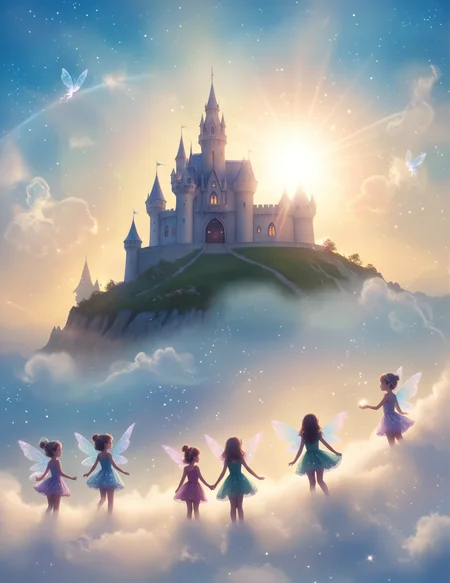 cloud art, cute mythical beings made from clouds, fluffy fairies, tiny sprites, magical sky, soft lighting, vibrant colors, whimsical, ethereal, detailed, high contrast, hyper-realistic, playful, imaginative, high-definition, gentle, warm atmosphere, BREAK
pixie castle, crowded by pixie, magical dust, dust cloud, 
 <lora:polyhedron_lense_flares-000005:1> lense flare, lense flares, anamorphic lense flares, rainbow flares <lora:CinematicStyle_v1:1>