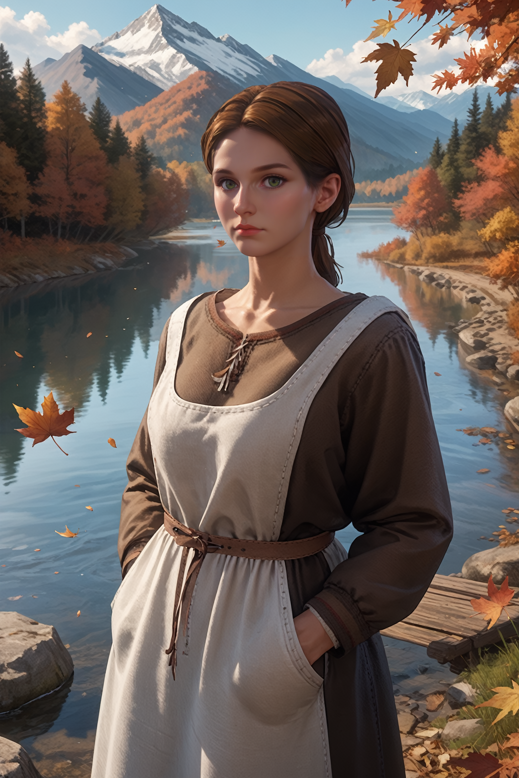 score_9, score_8_up, score_7_up, score_6_up
<lora:KCDTheresa:0.8>
KCDTheresa, 1girl, brown hair, green eyes, long hair, low ponytail, looking at viewer, hands in pocket, outdoors, autumn, lake, tree, mountain, falling leaves, wind