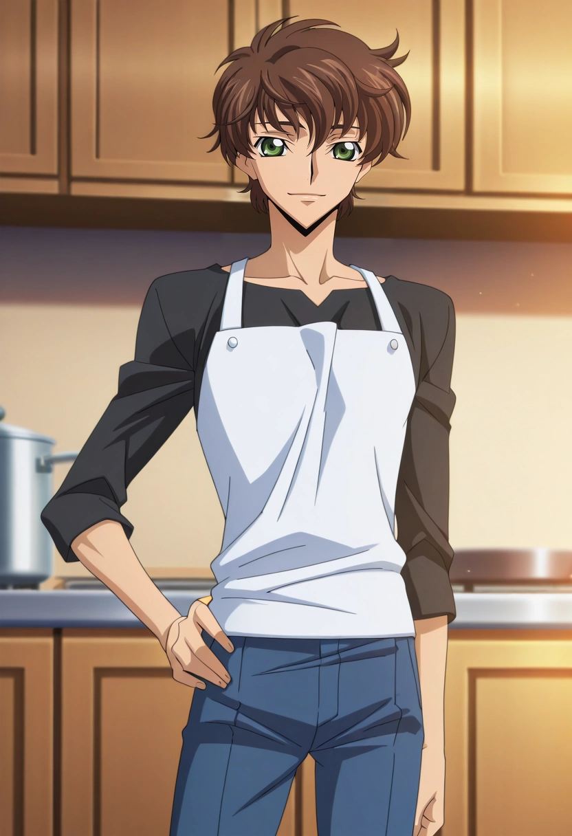 masterpiece, best quality, , anime screencap, anime coloring, official style, looking at viewer, 1boy, solo, male focus, <lora:suzaku_kururugi_ilxl:0.98>, suzaku_kururugi, brown hair, green eyes, , wide angle, wide shot, cowboy shot, kitchen, dawn, hand on hip, light smile,