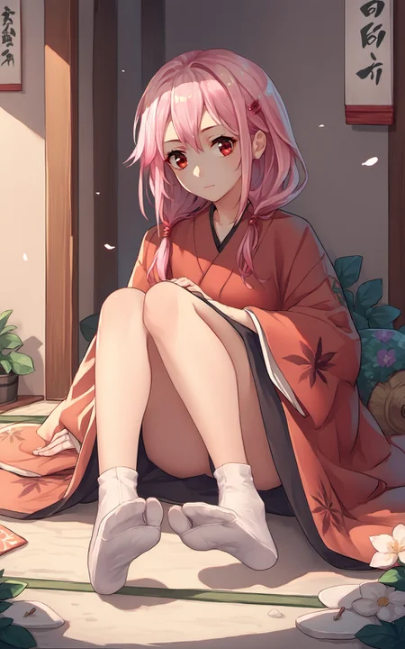 score_9,score_8_up,score_7_up,score_6_up,score_5_up,score_4_up,source_anime,1girl,kimono,japanese clothes,tabi,white socks,<lora:inori-yuzuriha-ponyxl-lora-nochekaiser:0.8>,inori yuzuriha,hair ornament,hairclip,long hair,pink hair,red eyes,twintails,no shoes,sitting,<lora:tabi_pony-000015:1>,soles