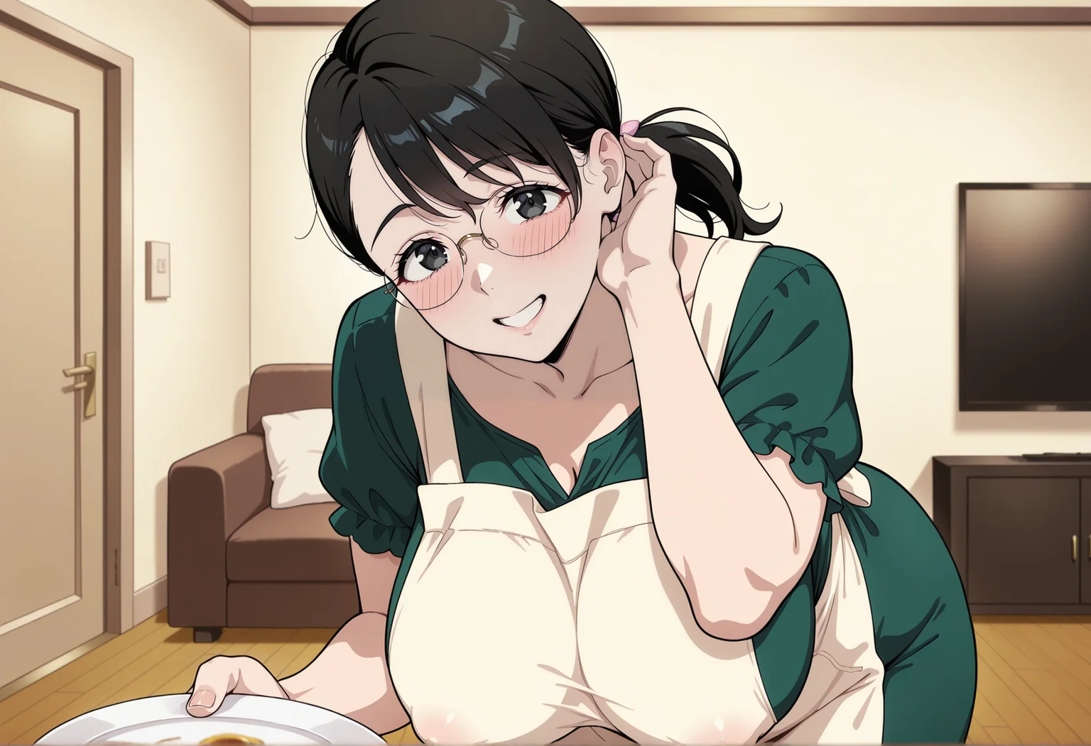anime coloring, anime screenshot, 1girl, medium hair, black hair, black eyes, glasses, low ponytail, green dress, short sleeves, apron, hand on ear, holding plate, teacup, bent over, pov, covered nipples, indoors, living room, blush, smile, teeth, head tilt,  <lora:catleya_illus:1> big breasts, masterpiece, best quality, amazing quality, very aesthetic, absurdres, highres, newest