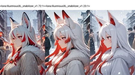 <lora:illustriousXL_stabilizer_v1.72:1>1girl,fox ears,red eyes,white hair,red hair,long hair,hair between eyes,closed mouth,multicolored hair,red whisker markings,fur trim,upper body,from side,snowing,people,masterpiece,best quality,