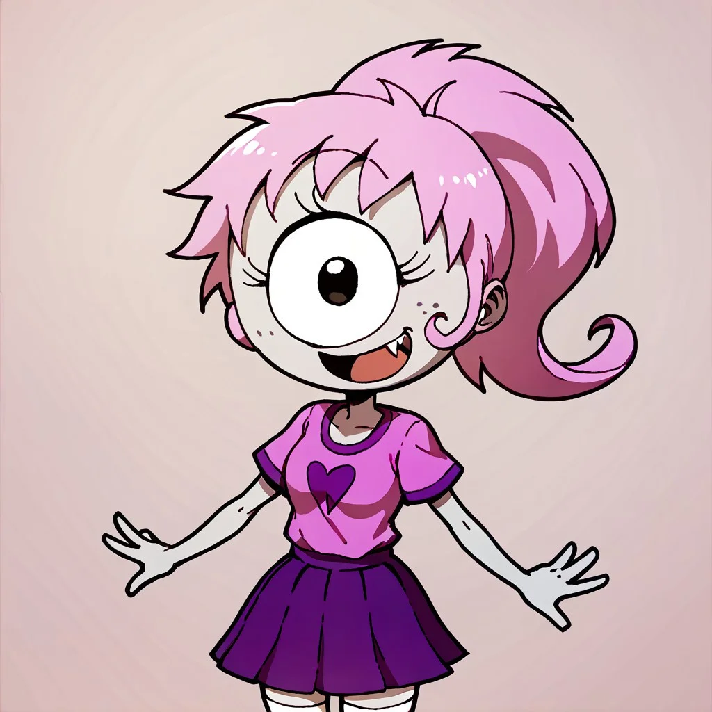 score_9, score_8_up, score_7_up BREAK SimoneP, 1girl, pink hair, ponytail, black eye, one-eyed, cyclops, freckles, fangs, short-sleeve pink shirt, pleated purple skirt, white stockings, open mouth smile, cowboy shot,