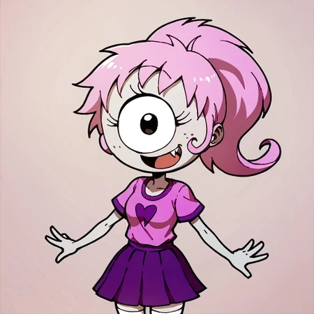 score_9, score_8_up, score_7_up BREAK SimoneP, 1girl, pink hair, ponytail, black eye, one-eyed, cyclops, freckles, fangs, short-sleeve pink shirt, pleated purple skirt, white stockings, open mouth smile, cowboy shot,