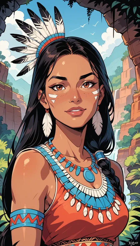 score_9, score_8_up, score_7_up, Western Comics, Portrait, girl, native american,cute, seductive, innocent, light smile:0.3, plump lips, slender body, 20yo, adorned with traditional regalia and feathers, Canyon background, dynamic angle detailed Native American tribal dress, depth of field, dynamic angle, fashion photography, sharp, hyperdetailed:1.15