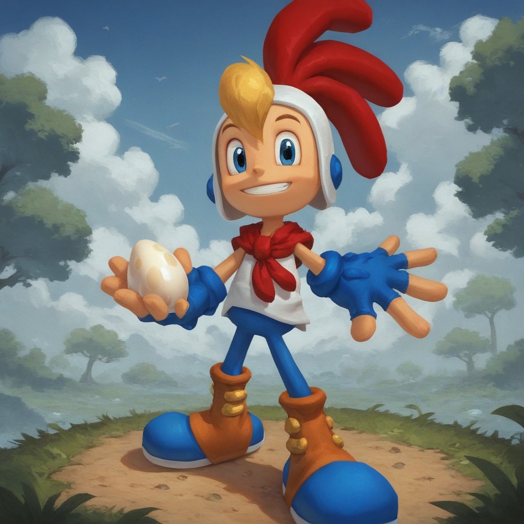 score_9, score_8_up, score_7_up, pinup pose, Expressiveh, looking at viewer, perfect face, colorful, dramatic angle, unique perspective, unique angle, wide angle, grass, egg, holding egg, holding, egg, weird buildings, 1boy, solo, blue gloves, smile, teeth, fingerless gloves, blonde hair, blue eyes, boots, sitting