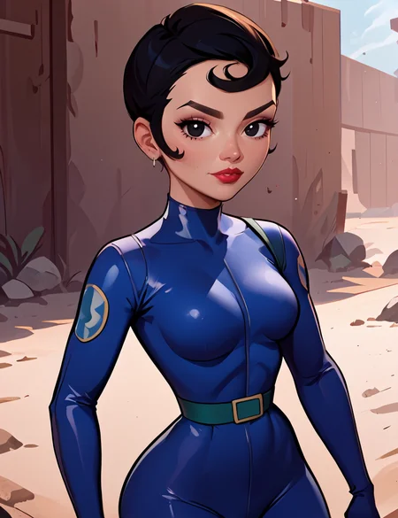 score_9, score_8_up, score_7_up,3/4 shot, cropped arms , honeydew, agent_honeydew, 1girl, black hair, solo, lipstick, black eyes, Super Short Pixie hairstyle, short hair, blue body suit, full blue body suit, full body, thigh thighs, highly detailed face, greenbelt,  looking at viewer, dirt road , ,dark navy high boots, RandomPoses  ,     <lora:Agent_Honeydew_Pony:1>