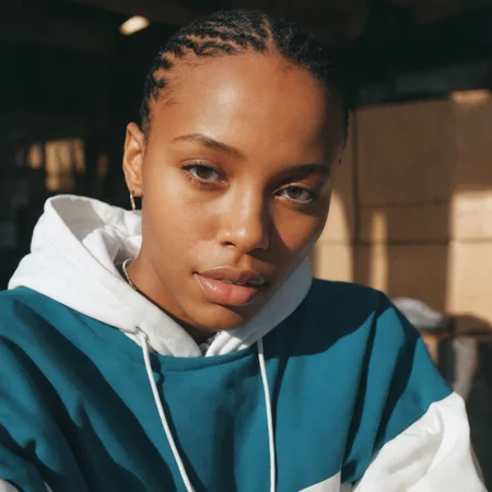 analog film photo. hip-hop theme, urban, close-up shot, dynamic portrait of a breathtaking Basotho model with a small smile wearing an oversized baggy and loose tracksuit in a cluttered warehouse, (puffy eyes:1.2), detailed face, stunning beauty, detailed skin, skin texture, skin pores, (freckles:0.9), bling bling, drip drip. Hard light, hard shadows, faded film, desaturated, 35mm photo, grainy, vignette, vintage, Kodachrome, Lomography, stained, highly detailed, found footage