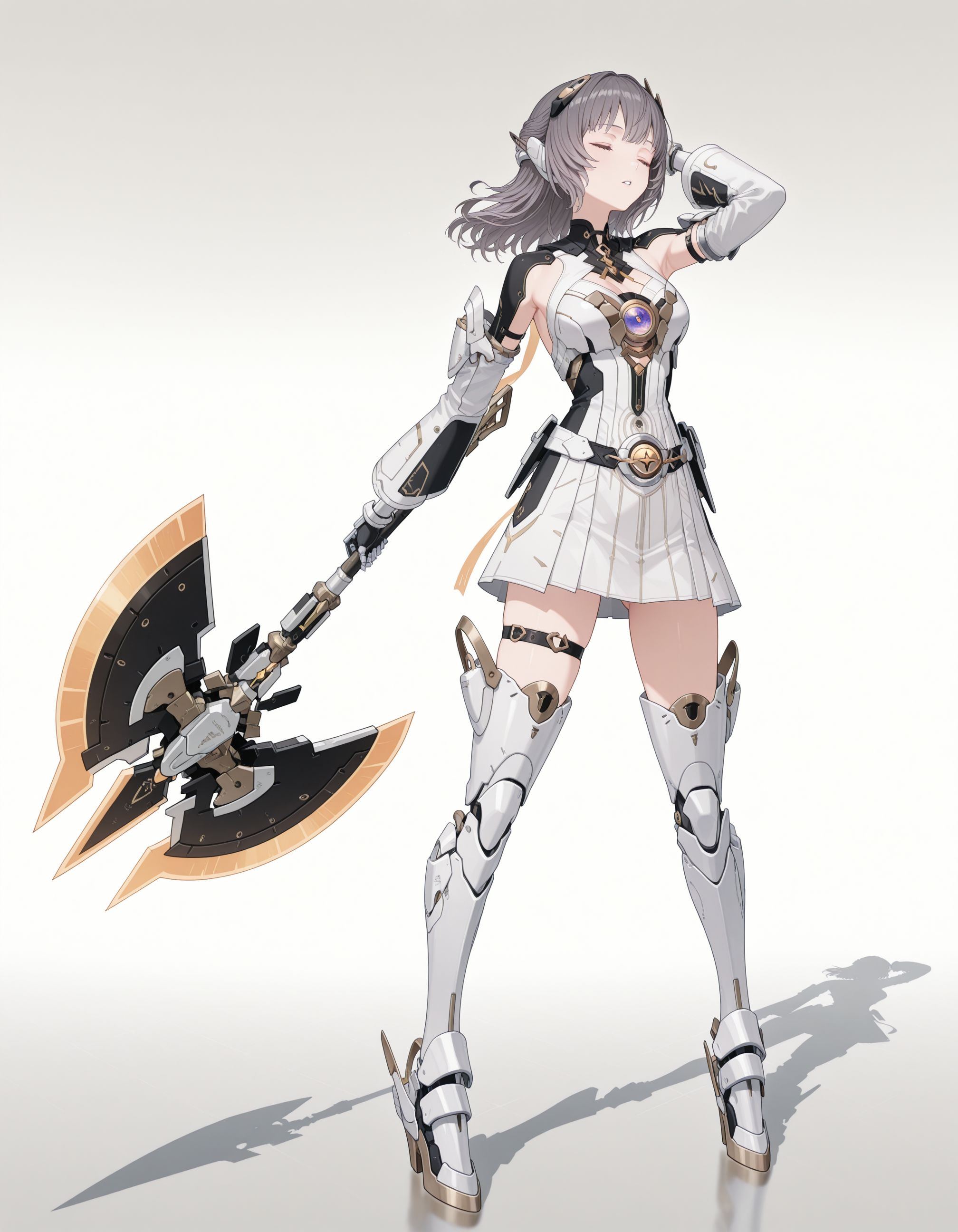masterpiece,best quality,amazing quality,very aesthetic,high resolution,ultra detailed,perfect details,<lora:mai_pgr_nanami_mxzj:1>,<lora:my-lora:1>,mai_style,
mai_pgr_nanami_mxzj,1girl, solo, breasts, dress, holding, standing, full_body, closed_eyes, grey_hair, weapon, parted_lips, boots, medium_hair, white_dress, holding_weapon, clothing_cutout, thigh_strap, shadow, headgear, short_dress, arm_behind_head, hand_in_own_hair, armored_boots, joints, mechanical_arms, axe, huge_weapon, robot_joints, holding_axe, mechanical_parts, mechanical_legs, reflective_floor, battle_axe